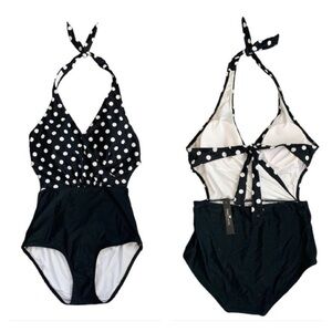 Unique & Classic Retro Polka Dot One Piece Swimsuit Halter Neck Black/White Sz M